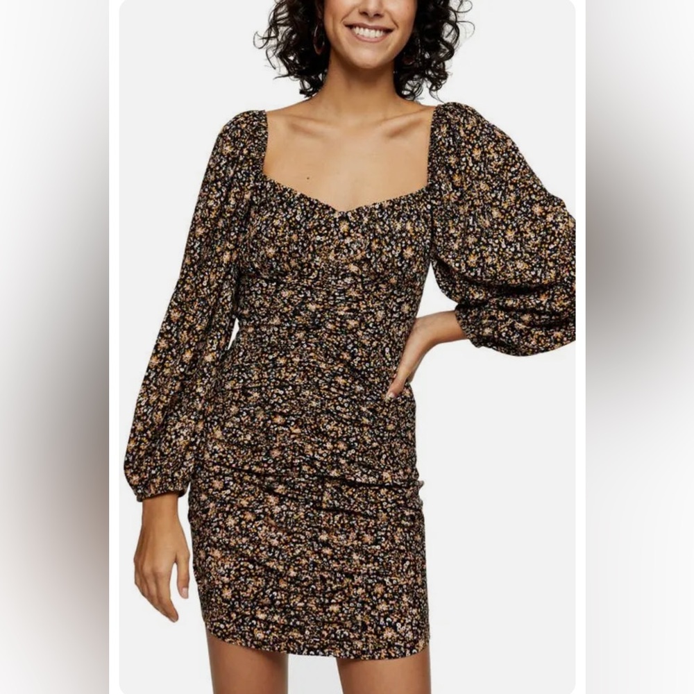 Topshop ruched long puff sleeve mini tea dress